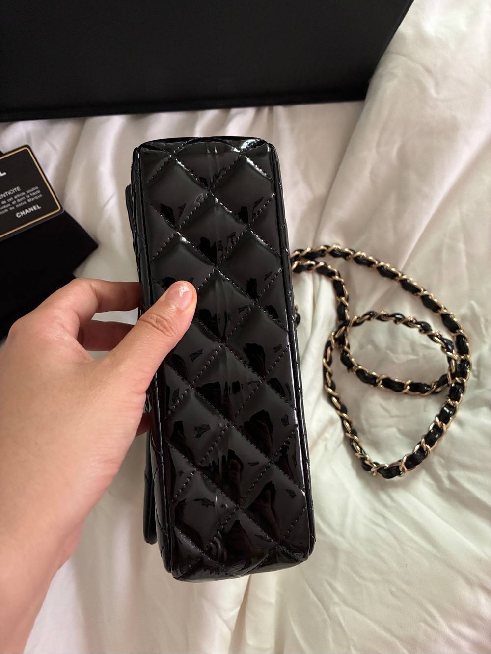CHANEL Black Quilted Patent Leather Mini Crossbody with Gold-Tone Chain - Picture 4 of 13